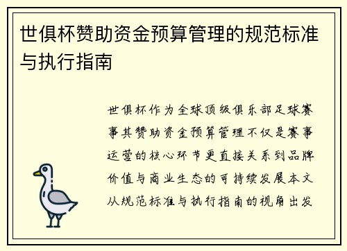 世俱杯赞助资金预算管理的规范标准与执行指南